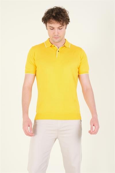 Erkek Çıtçıtlı Yaka Biyeli Merserize T-Shirt Sarı