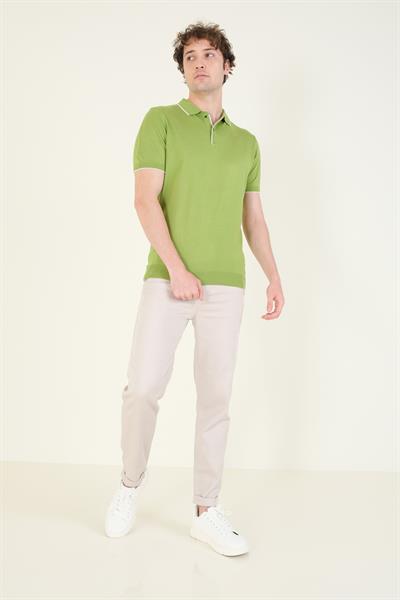 Erkek Çıtçıtlı Yaka Biyeli Merserize T-Shirt Yeşil