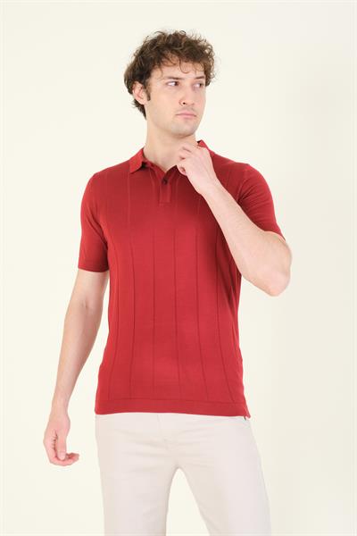 Erkek Çizgili Polo Yaka Merserize T-Shirt Bordo