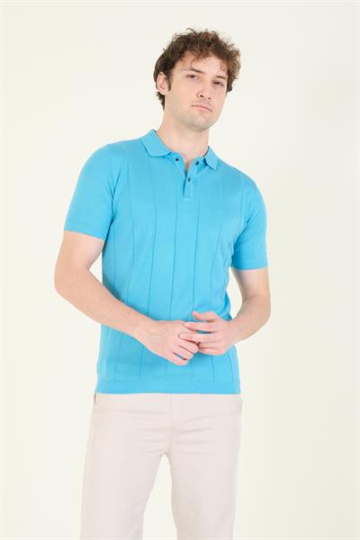 Erkek Çizgili Polo Yaka Merserize T-Shirt Mavi