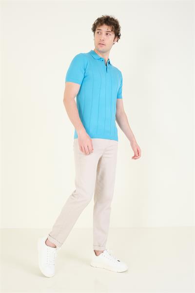 Erkek Çizgili Polo Yaka Merserize T-Shirt Mavi