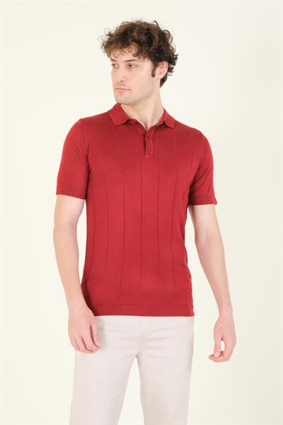 Erkek Çizgili Polo Yaka Merserize T-Shirt Bordo