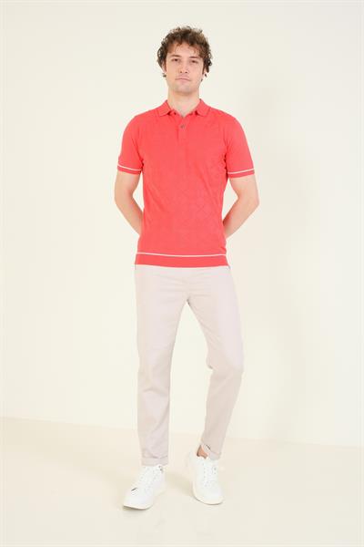 Erkek Desenli Polo Yaka Merserize T-Shirt Mercan