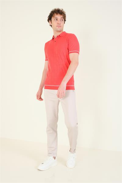 Erkek Desenli Polo Yaka Merserize T-Shirt Mercan