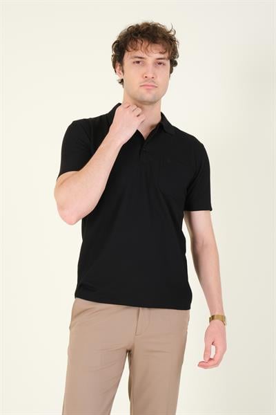 Erkek Dokulu Cepli Polo Yaka T-Shirt Siyah