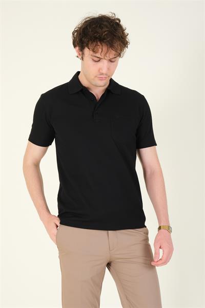 Erkek Dokulu Cepli Polo Yaka T-Shirt Siyah