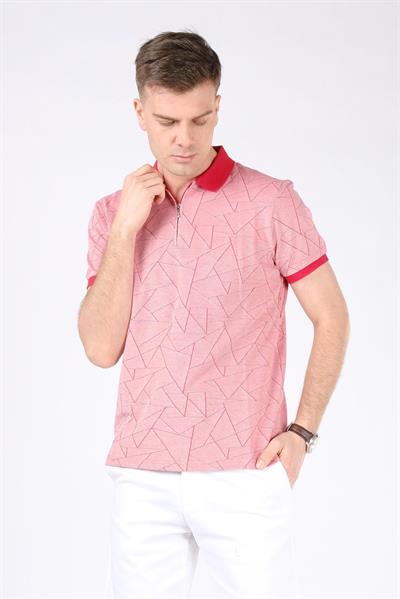 Erkek Geometrik Desen Fermuarlı Polo Yaka T-Shirt Kırmızı