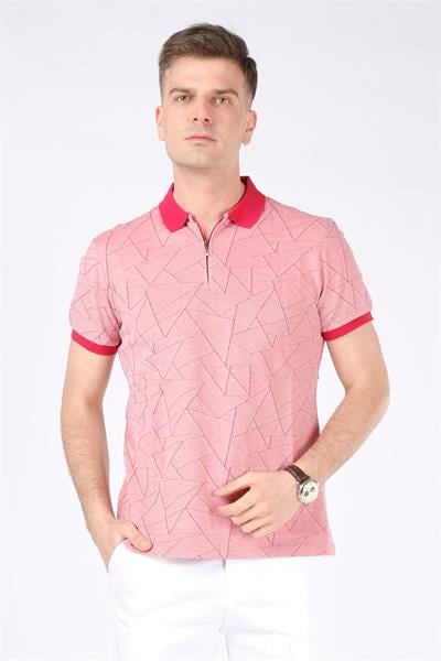 Erkek Geometrik Desen Fermuarlı Polo Yaka T-Shirt Kırmızı