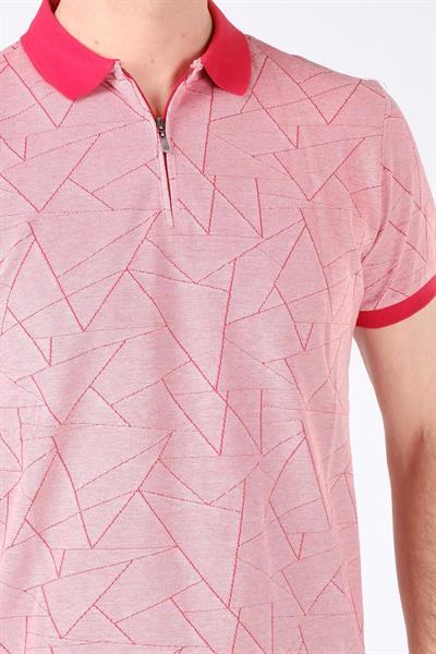 Erkek Geometrik Desen Fermuarlı Polo Yaka T-Shirt Kırmızı