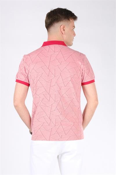 Erkek Geometrik Desen Fermuarlı Polo Yaka T-Shirt Kırmızı