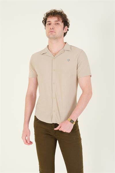 Erkek Gömlek Yaka Düğmeli Dokulu Penye Gömlek Vizon