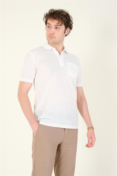 Erkek Jakarlı Cepli Polo Yaka T-Shirt Beyaz