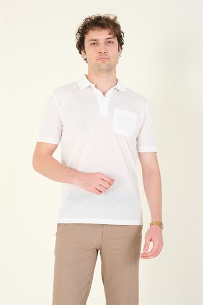 Erkek Jakarlı Cepli Polo Yaka T-Shirt Beyaz