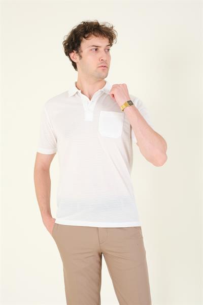 Erkek Jakarlı Cepli Polo Yaka T-Shirt Beyaz