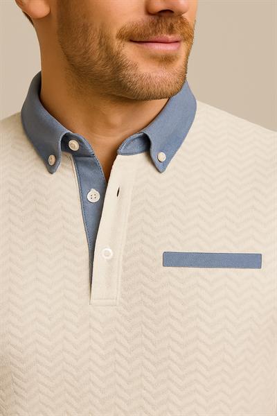 Erkek Jakarlı Süprem Kısakol Gömlek Yaka Tshirt Beyaz