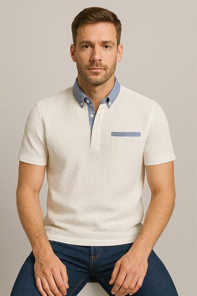 Erkek Jakarlı Süprem Kısakol Gömlek Yaka Tshirt Beyaz