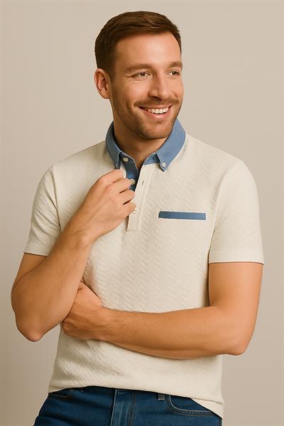 Erkek Jakarlı Süprem Kısakol Gömlek Yaka Tshirt Beyaz