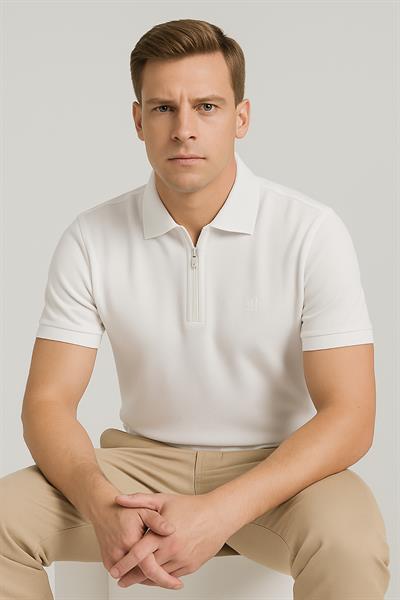 Erkek Kısakol Polo Yaka Fermuarlı Tshirt Beyaz