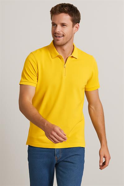 Erkek Kısakol Polo Yaka Fermuarlı Tshirt Sarı