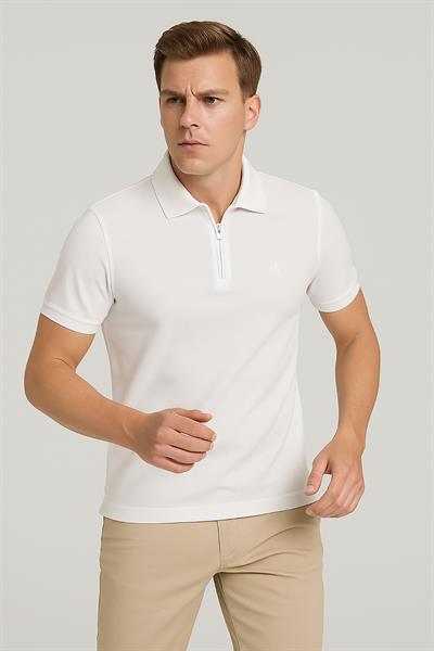 Erkek Kısakol Polo Yaka Fermuarlı Tshirt Beyaz