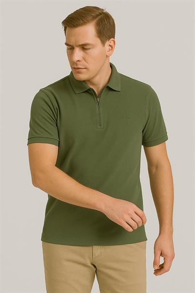 Erkek Kısakol Polo Yaka Fermuarlı Tshirt Haki
