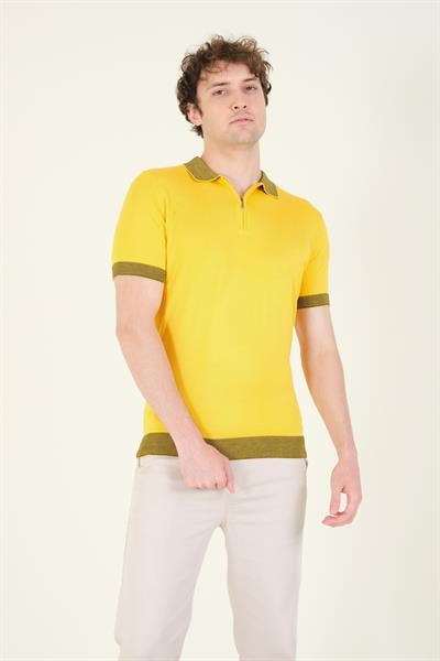 Erkek Renkli Yaka Yarım Fermuarlı Polo Yaka Merserize T-Shirt Sarı