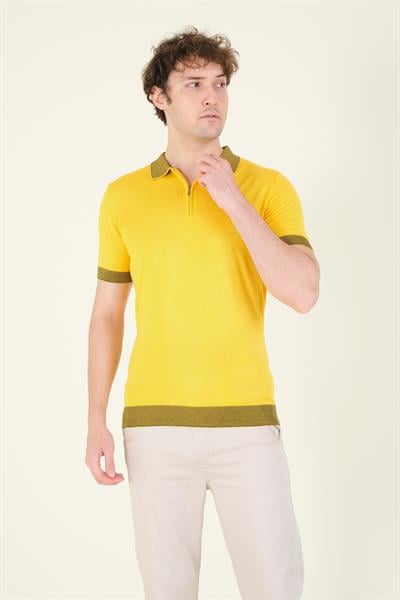 Erkek Renkli Yaka Yarım Fermuarlı Polo Yaka Merserize T-Shirt Sarı