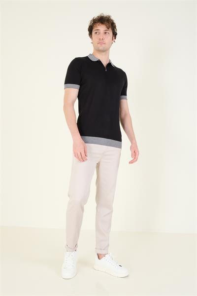 Erkek Renkli Yaka Yarım Fermuarlı Polo Yaka Merserize T-Shirt Siyah