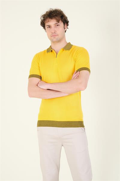Erkek Renkli Yaka Yarım Fermuarlı Polo Yaka Merserize T-Shirt Sarı