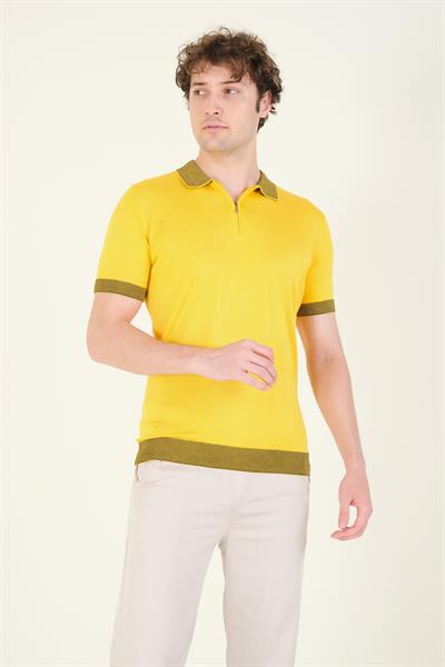 Erkek Renkli Yaka Yarım Fermuarlı Polo Yaka Merserize T-Shirt Sarı
