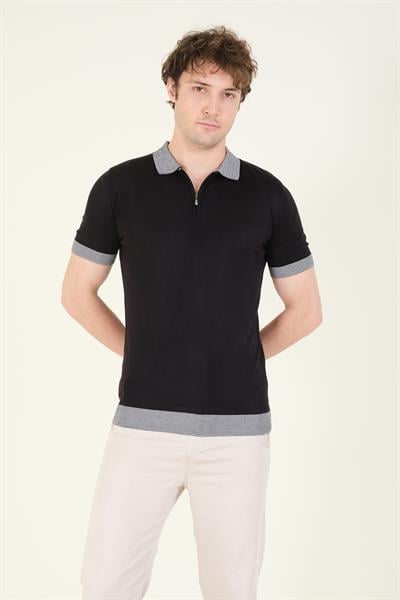 Erkek Renkli Yaka Yarım Fermuarlı Polo Yaka Merserize T-Shirt Siyah