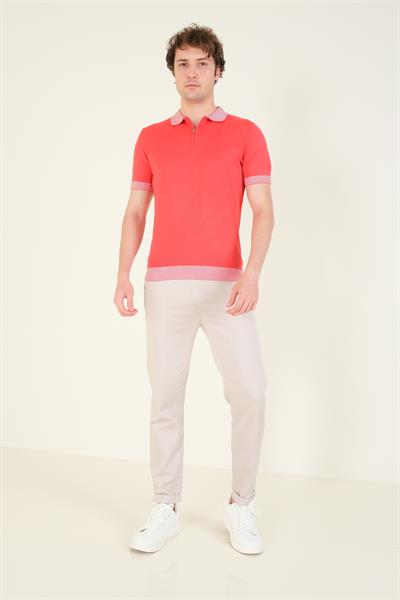 Erkek Renkli Yaka Yarım Fermuarlı Polo Yaka Merserize T-Shirt Mercan