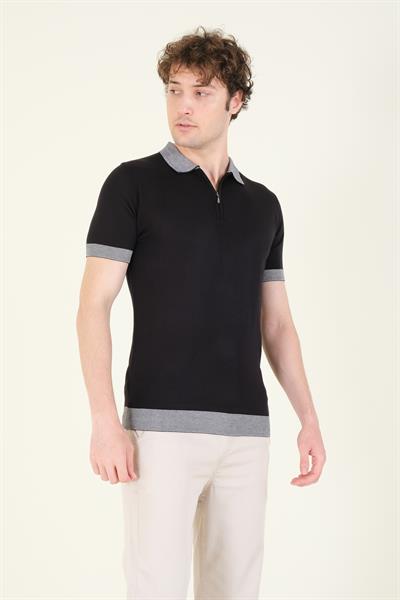 Erkek Renkli Yaka Yarım Fermuarlı Polo Yaka Merserize T-Shirt Siyah