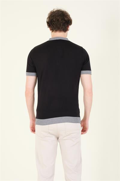 Erkek Renkli Yaka Yarım Fermuarlı Polo Yaka Merserize T-Shirt Siyah