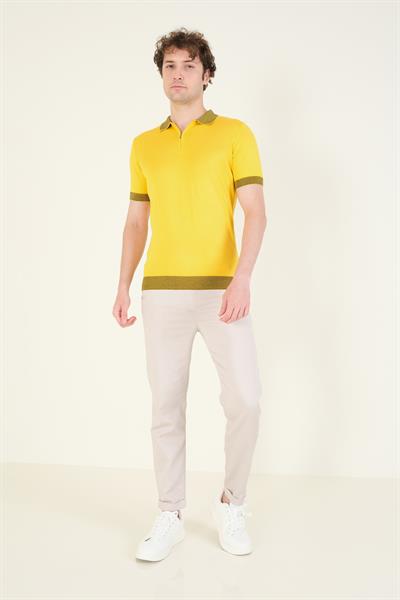Erkek Renkli Yaka Yarım Fermuarlı Polo Yaka Merserize T-Shirt Sarı