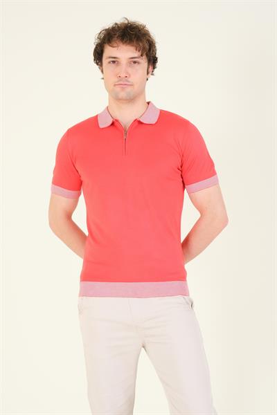 Erkek Renkli Yaka Yarım Fermuarlı Polo Yaka Merserize T-Shirt Mercan