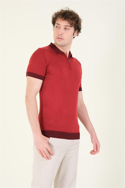 Erkek Renkli Yaka Yarım Fermuarlı Polo Yaka Merserize T-Shirt Bordo