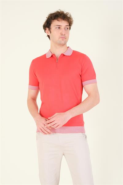 Erkek Renkli Yaka Yarım Fermuarlı Polo Yaka Merserize T-Shirt Mercan