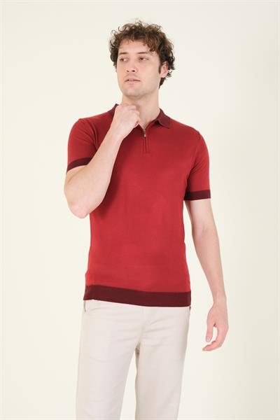 Erkek Renkli Yaka Yarım Fermuarlı Polo Yaka Merserize T-Shirt Bordo