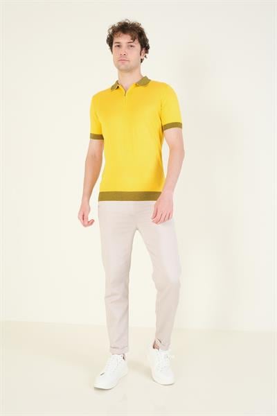 Erkek Renkli Yaka Yarım Fermuarlı Polo Yaka Merserize T-Shirt Sarı
