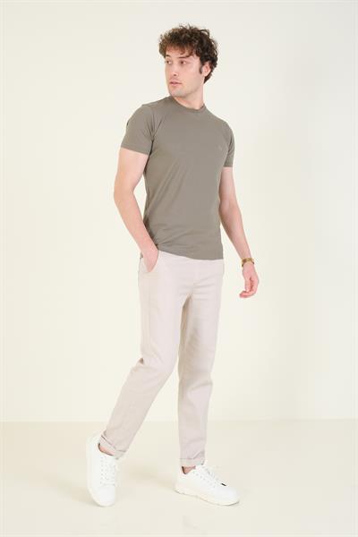 Erkek Sıfır Yaka Basic T-Shirt Haki
