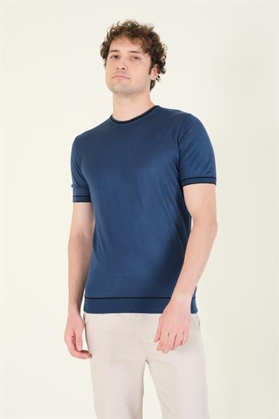 Erkek Sıfır Yaka Biyeli Merserize T-Shirt Petrol Mavi