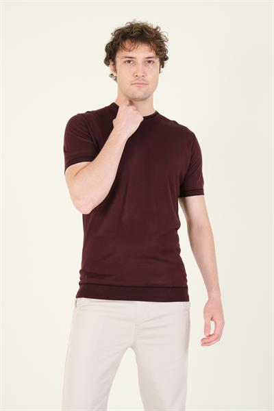 Erkek Sıfır Yaka Biyeli Merserize T-Shirt Mürdüm