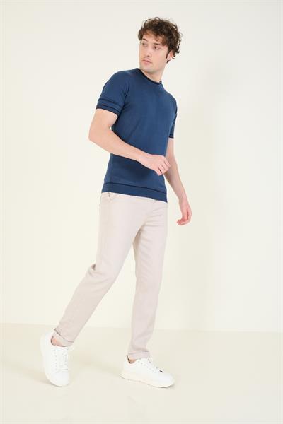 Erkek Sıfır Yaka Biyeli Merserize T-Shirt Petrol Mavi