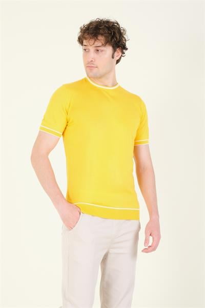 Erkek Sıfır Yaka Biyeli Merserize T-Shirt Sarı