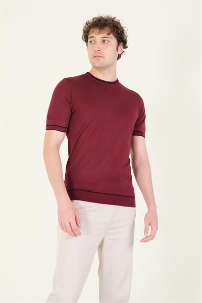 Erkek Sıfır Yaka Biyeli Merserize T-Shirt Bordo