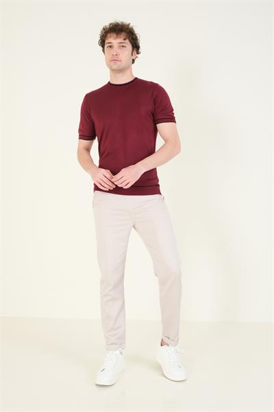 Erkek Sıfır Yaka Biyeli Merserize T-Shirt Bordo