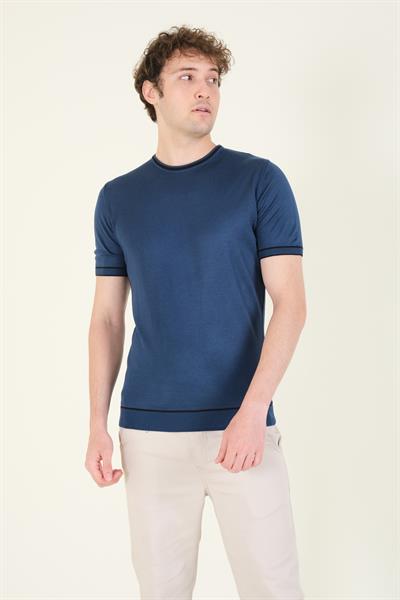 Erkek Sıfır Yaka Biyeli Merserize T-Shirt Petrol Mavi