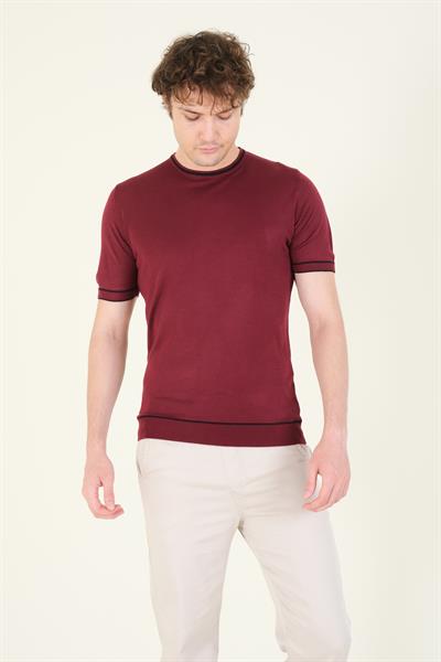Erkek Sıfır Yaka Biyeli Merserize T-Shirt Bordo