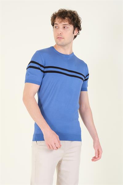 Erkek Sıfır Yaka Çizgili Merserize T-Shirt İndigo